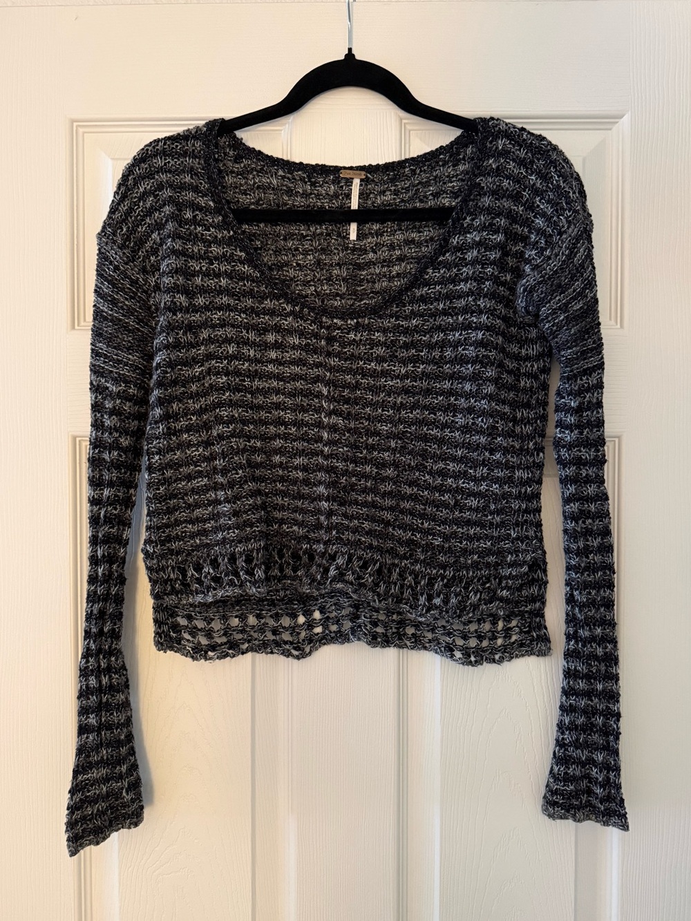 Free People Black & Gray Marled V-Neck Knit Sweater